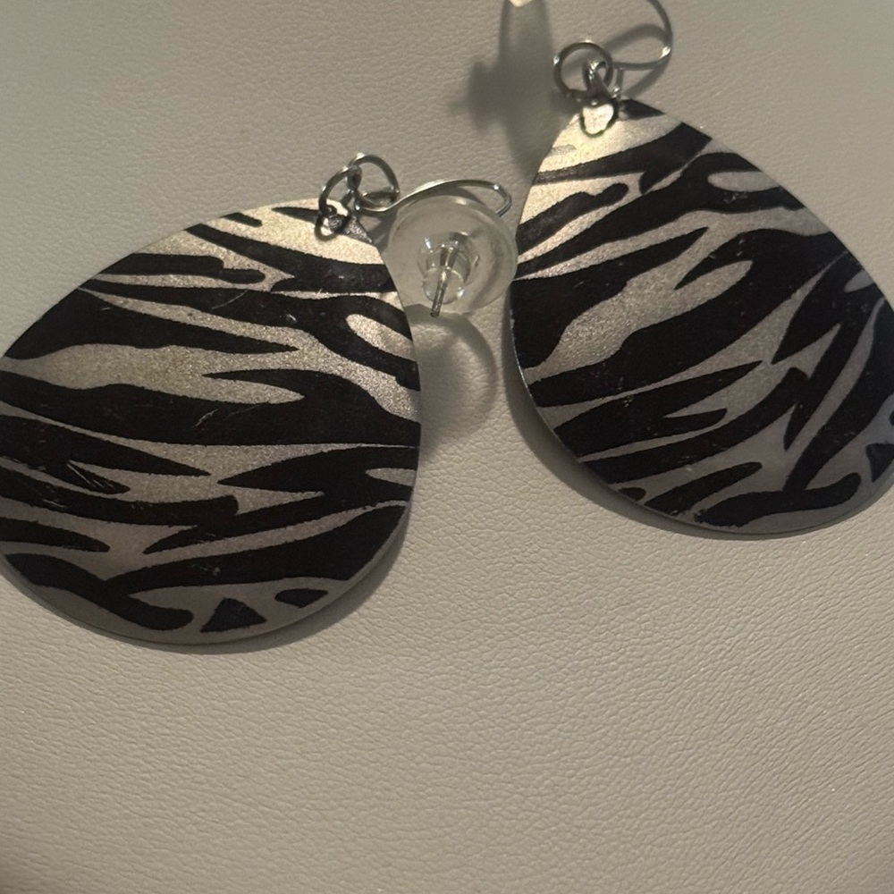 Black and Metallic Zebra Teardrop Earrings - Women's Fashion Jewelry